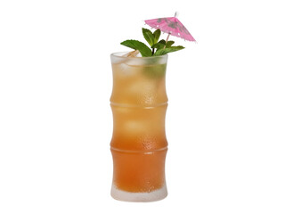 Isolated cocktail on a bamboo glass with mint leaves and little umbrella for summer party