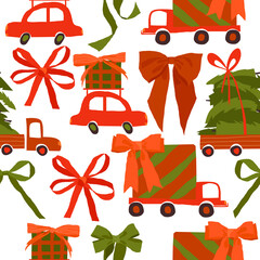 Vector Seamless Pattern with Red Cars riding Christmas Gifts on Green Background