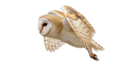 Isolated Barn Owl flying with wings spread, its facial disc facing left, graceful bird of prey