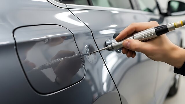 Auto Dent Repair Tool on Gray Car Door Close Up vehicle