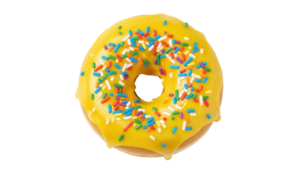 Isolated donut with yellow icing and sprinkles, a sweet confectionery delight, a bakery treat