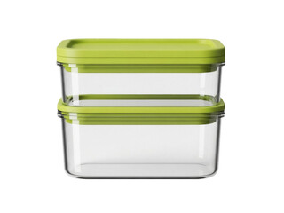 Isolated stack of transparent glass food containers with green lids for fridge storage