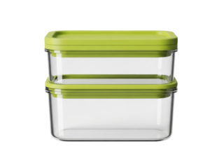 Isolated stack of transparent glass food containers with green lids for fridge storage
