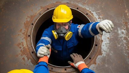Worker with Respirator Climbing Out of Rusty Metal Tank Hatch