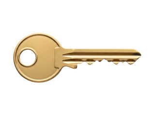 Isolated Gold Key, metallic object used to open doors, security and access concept