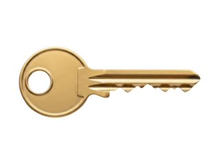 Isolated Gold Key, metallic object used to open doors, security and access concept