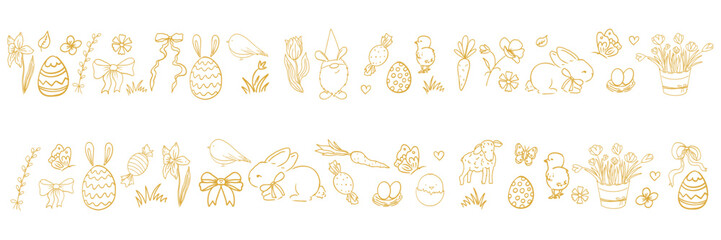 Easter border set horizontal design with bunnies, flowers, easter eggs spring elements, seamless background, stencil decoration. 
