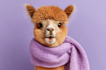 Naklejka premium Fluffy brown alpaca wearing a cozy purple knitted scarf, looking directly at the camera with a curious expression, standing against a pastel purple background