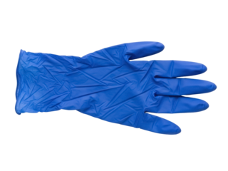 Isolated blue disposable nitrile glove is seen up close, protective medical hand wear