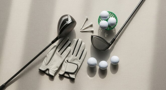 Clean and simple flat lay of golf gear on an empty white backdrop, showcasing a modern aesthetic
