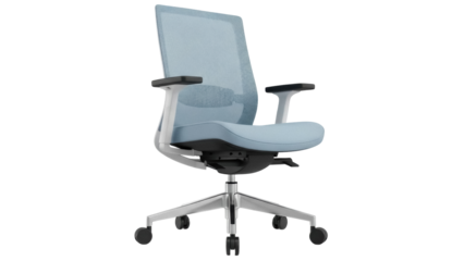 Isolated light blue office chair with armrests, ergonomic seating for work and comfort