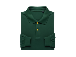 Isolated folded dark green long sleeve polo shirt with two gold buttons laid flat studio shot
