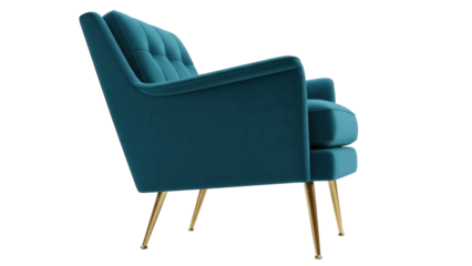 Isolated Modern Armchair, Teal Velvet Upholstery, Gold Finish Legs, Classic Design Detail