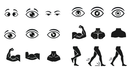 Black and white vector illustration of human body parts and expressions