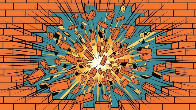 Comic Style Brick Wall Explosion with Flying Debris and Dynamic Action Burst Illustration