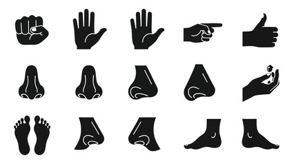 Black and white vector illustration of human body parts and hand gestures