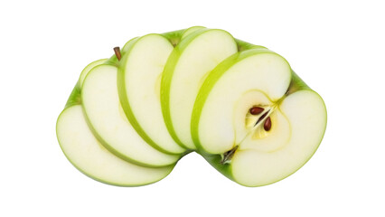 Isolated Granny Smith apple slices, arranged, with core, seeds, fruit presentation, studio shot