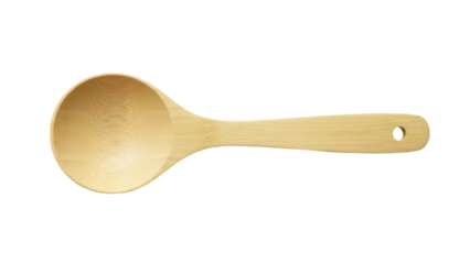 Isolated wooden ladle for scooping ingredients, kitchen utensil, natural color, cooking tool