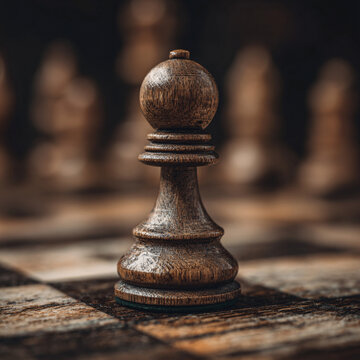 Vintage wooden chess bishop piece standing on checkered board, strategy game concept