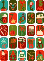 Vector Cute Cartoon Advent Calendar with Funny Animals and Christmas Elements