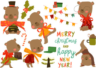 Cute Cartoon Bears with Christmas Elements. Vector Illustration