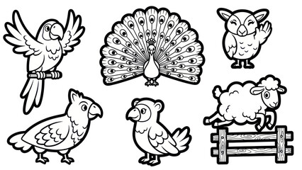 Black and white animal illustrations parrot owl peacock sheep vector graphics