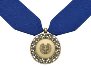 Isolated ceremonial bronze medal with a blue ribbon, a symbol of achievement and distinction