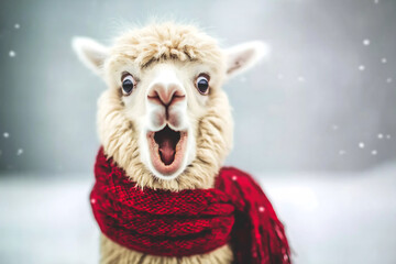 Naklejka premium Alpaca wearing a red scarf and looking surprised or shocked with mouth open, standing in light falling snow during winter