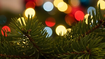  An abstract close-up of Christmas tree lights blurring into a bokeh of color against the sharp green texture of pine needles.