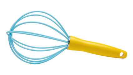 Isolated whisk, kitchen utensil with yellow handle, light blue wire whisk for food preparation