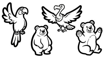 Black and white animal illustrations parrot vulture and bears in playful poses © Hai