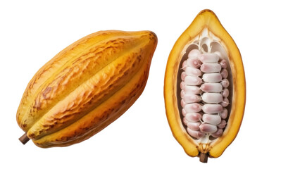 Isolated Yellow cacao fruit, whole and halved, with beans revealed, exotic, raw, healthy