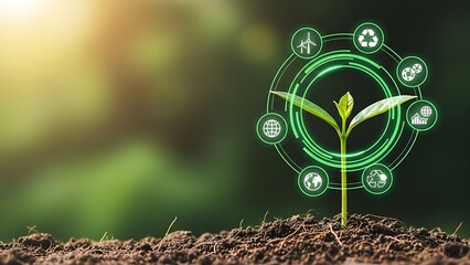 Sprout in Soil with Green Energy and Recycling Icons Overlay