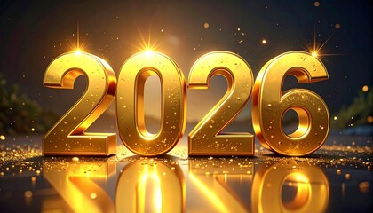 Golden &ldquo;2026&rdquo; numerals glowing against dark sparkled backdrop&mdash;reflections and light flares&mdash;symbolizing anticipation, brilliance, and the radiant rhythm of milestone celebration and future focus.