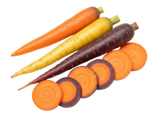 Isolated colorful organic carrots laying near sliced vegetables of various colors, healthy food