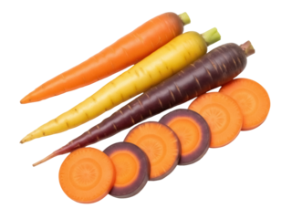 Isolated colorful organic carrots laying near sliced vegetables of various colors, healthy food