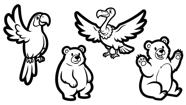Black and white animal illustrations parrot vulture and bears in playful poses
