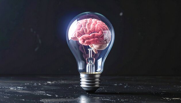 Light bulb with glowing brain&mdash;warm orange illumination against dark backdrop&mdash;symbolizing creativity, intelligence, and the radiant rhythm of insight, innovation, and cognitive spark.