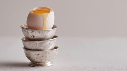 Stack of three small silver bowls. the bowls are stacked on top of each other, with the largest bowl at the bottom and the smallest at the top.