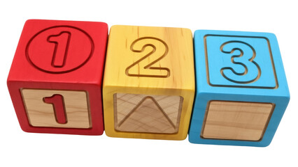 Isolated colorful wooden toy blocks with numbers one, two, and three arranged in a row