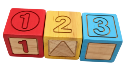 Isolated colorful wooden toy blocks with numbers one, two, and three arranged in a row