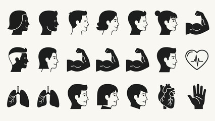 Black and white vector illustration of human silhouettes and body parts