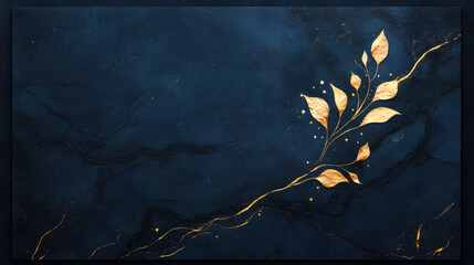 Abstract luxury dark blue and gold marble stone texture with shimmering golden veins and leaves, concept of elegant artistic design and background