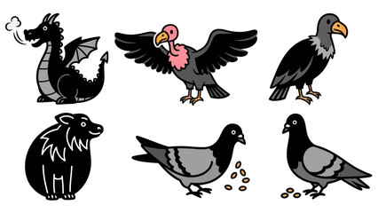 Cartoon animal collection illustrations featuring dragon vulture pigeon and more
