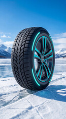 Winter car tire with aggressive tread pattern on snowy mountain road. Modern wheel with cyan rim against blue sky and snow-covered alpine vertical landscape. Concept of safe winter driving