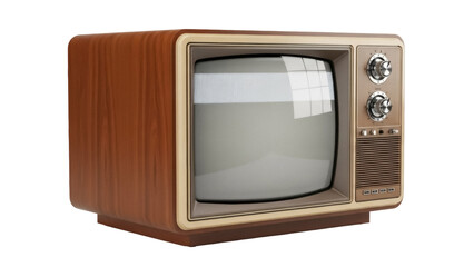Isolated vintage television set from 1960s featuring analog controls and wood grain finish
