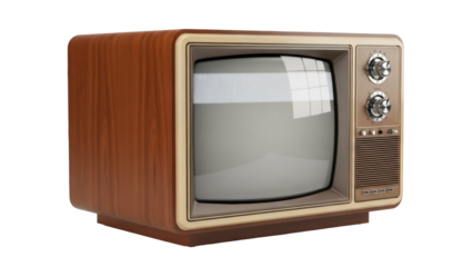 Isolated vintage television set from 1960s featuring analog controls and wood grain finish