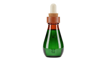 Isolated teardrop bottle containing green liquid serum medicine, dropper and brown cork stopper