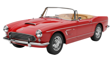 Isolated Vintage red convertible car, classic Italian luxury vehicle with tan interior
