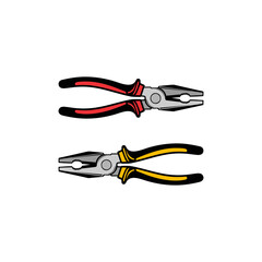 Two pairs of hand tools, specifically pliers, with distinct red and yellow handle grips, commonly used for various electrical and mechanical tasks.